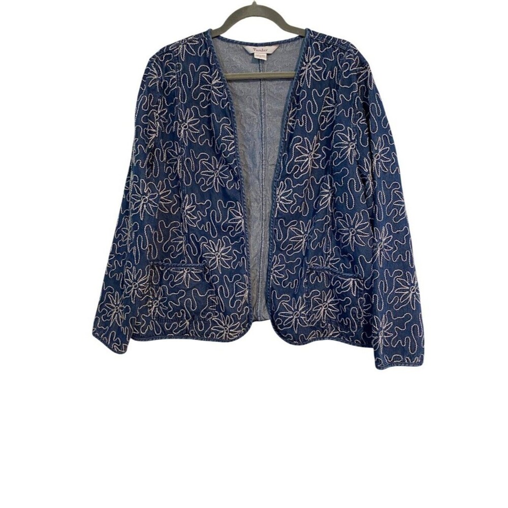 TanJay Women's XL Blue Denim Jacket White Floral Embroidered Open-Front Bohemian
